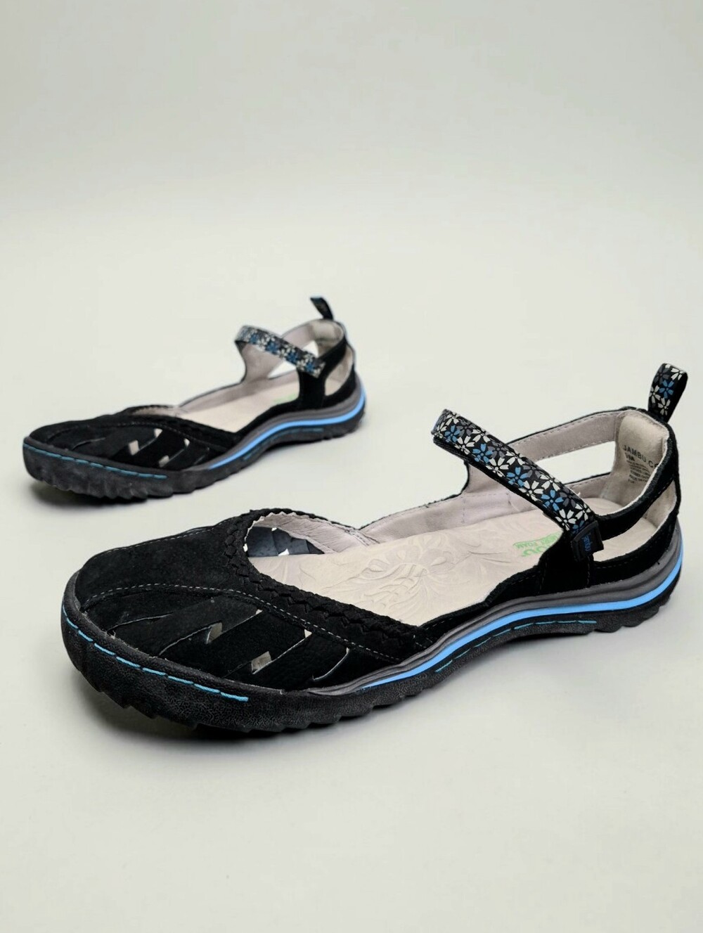 Jambu Mary Jane Comfort Leather Flats 9M Floral Strap Suede Black walking shoe